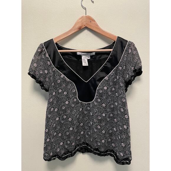 Vintage Max Studio Womens Top Medium Petite Black Floral Witchy Whimsigoth Y2K - Picture 1 of 7